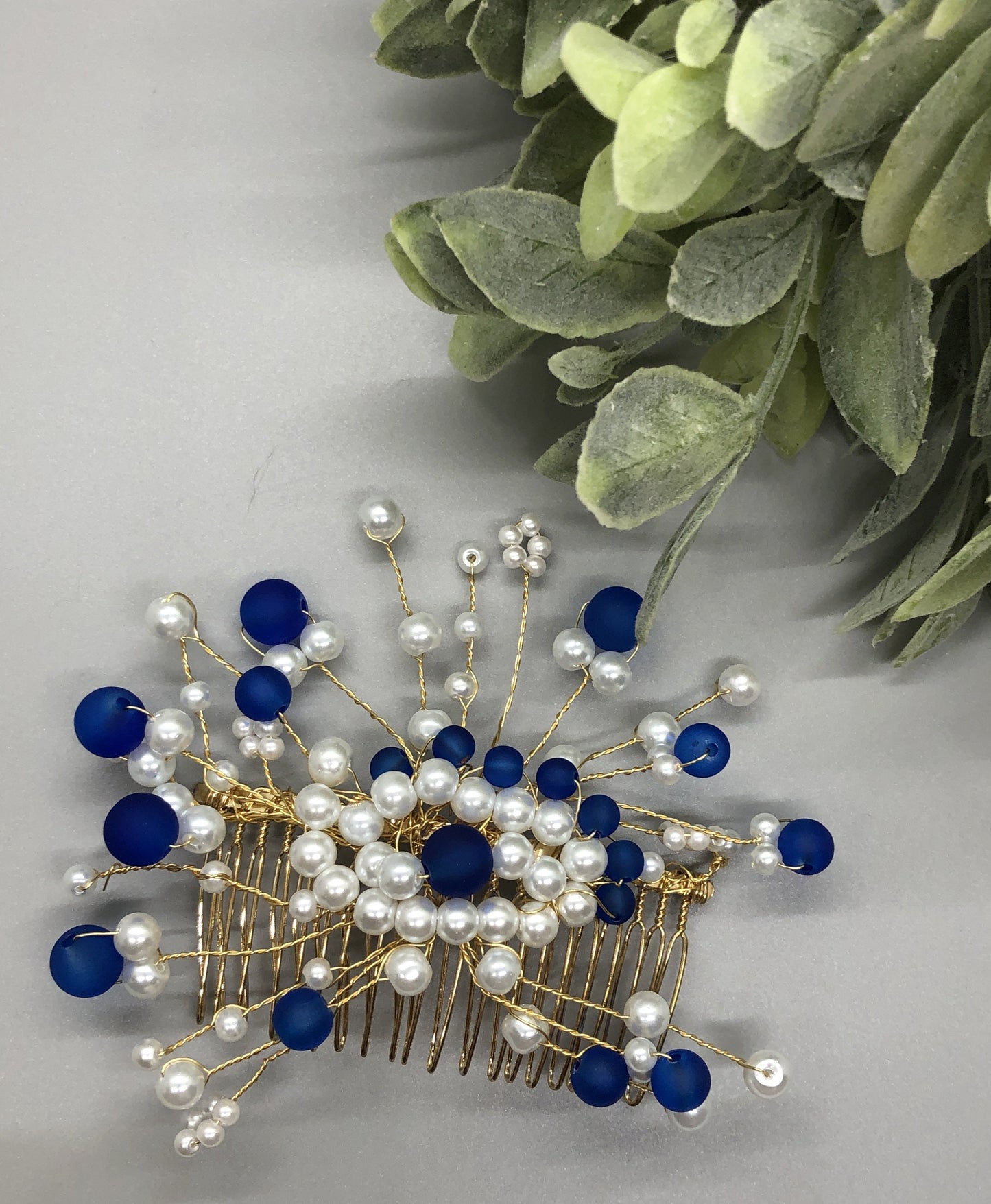 Navy Blue White Beaded Hair Vines Comb 3.5' Gold Metal Comb Retro Bridal Prom Wedding Party