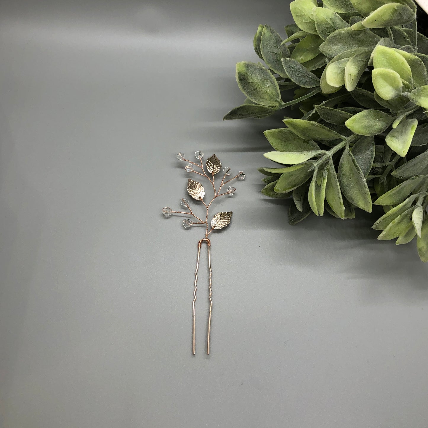 Rose Gold Leaves Clear Crystal Beaded Hair Pin Metal Comb Retro Bridal Prom Wedding Party