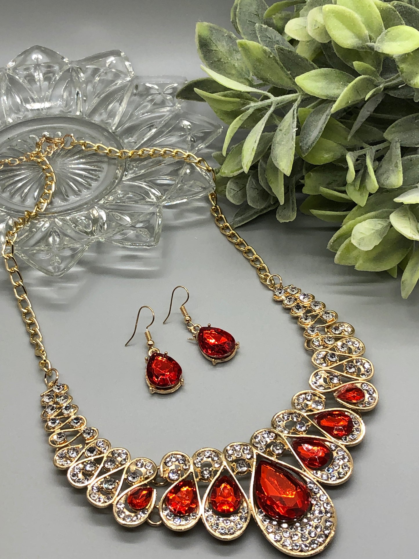 Red Crystal Rhinestone Bridal Necklace Earrings Sets Wedding Formal Shower Party Event Accessories #009