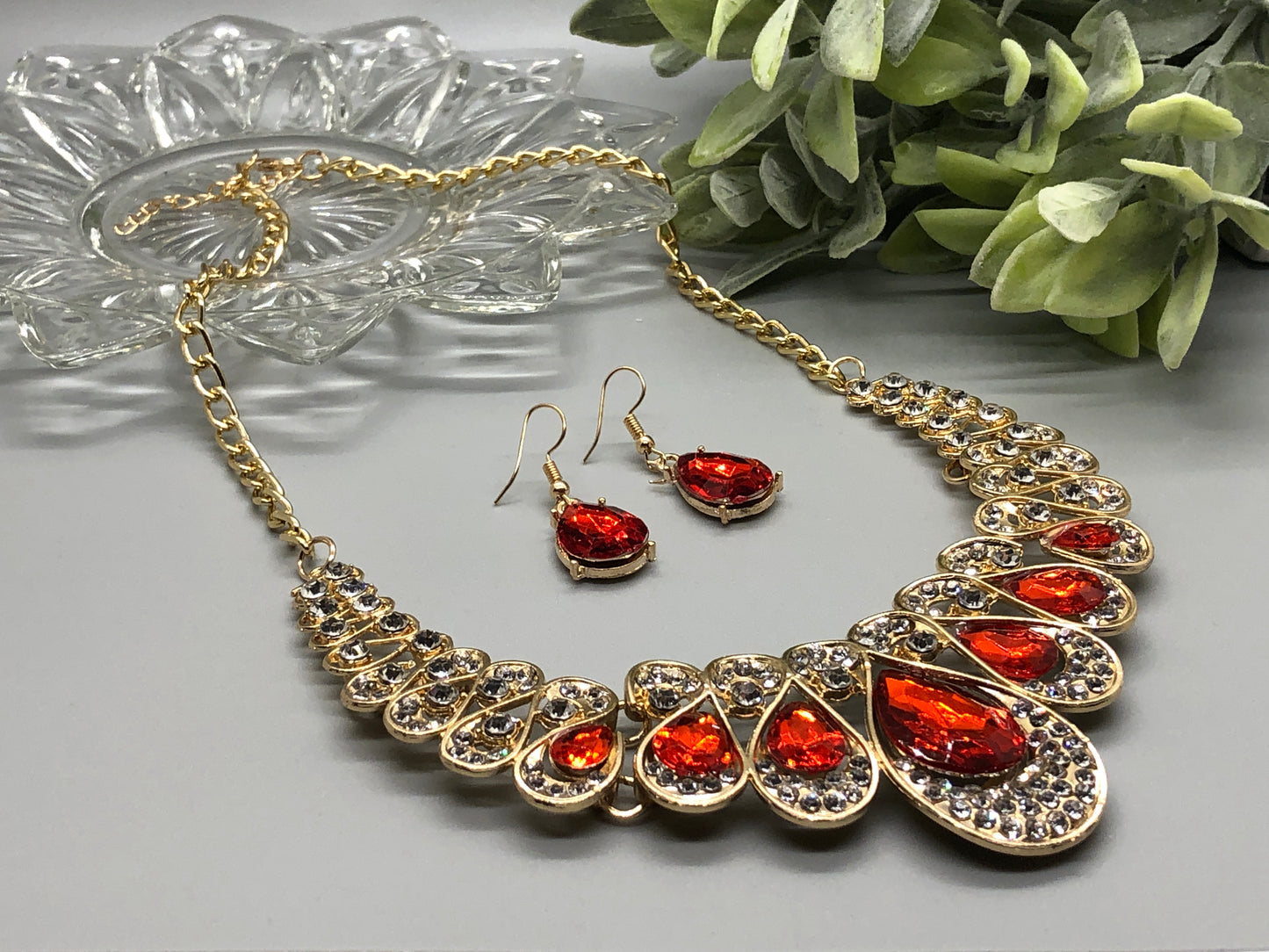 Red Crystal Rhinestone Bridal Necklace Earrings Sets Wedding Formal Shower Party Event Accessories #009