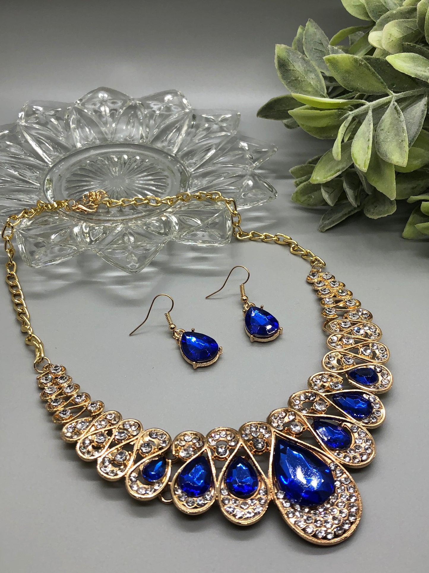 Navy Blue Crystal Rhinestone Bridal Necklace Earrings Sets Wedding Formal Shower Party Event Accessories #013