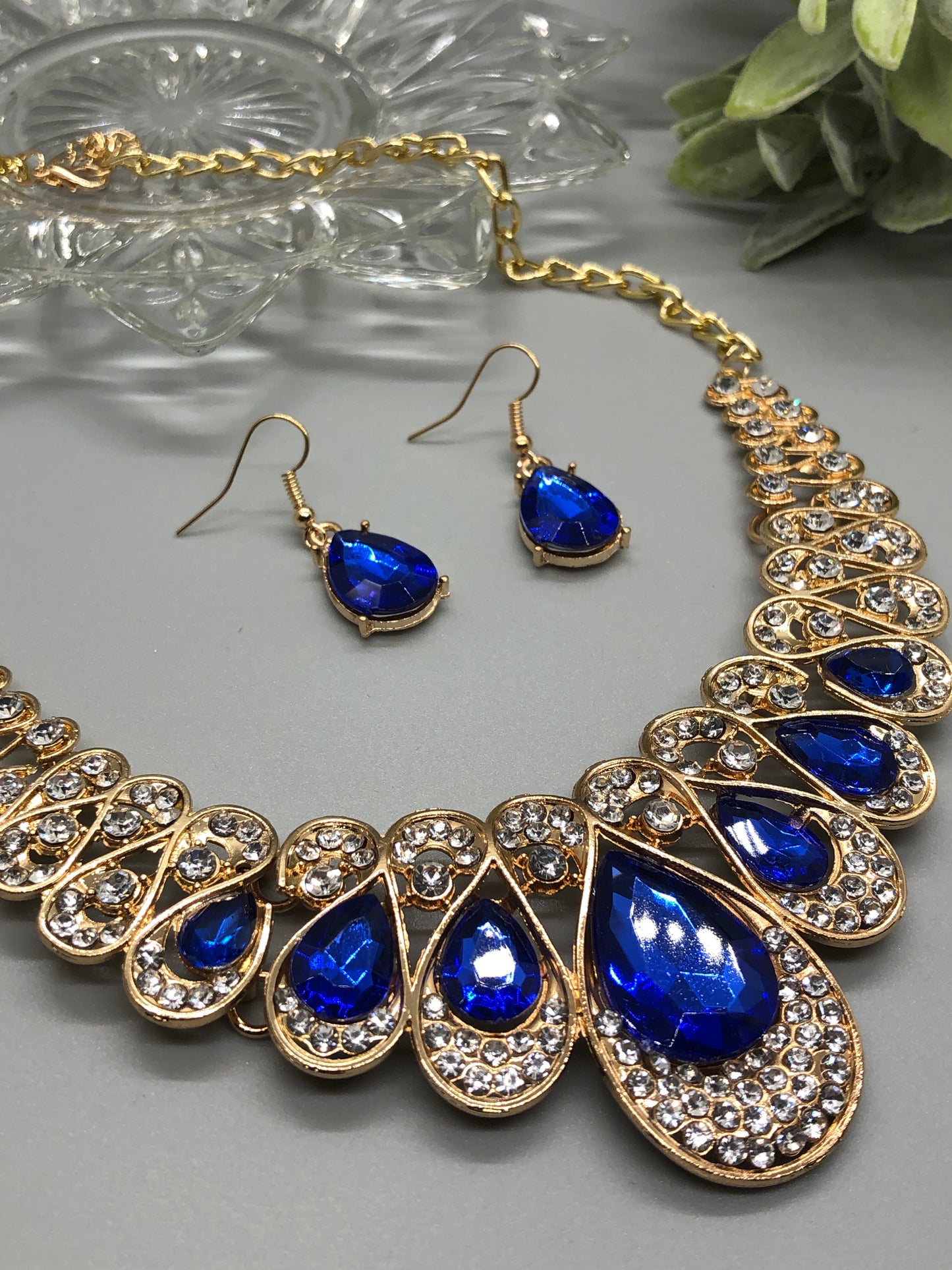Navy Blue Crystal Rhinestone Bridal Necklace Earrings Sets Wedding Formal Shower Party Event Accessories #013