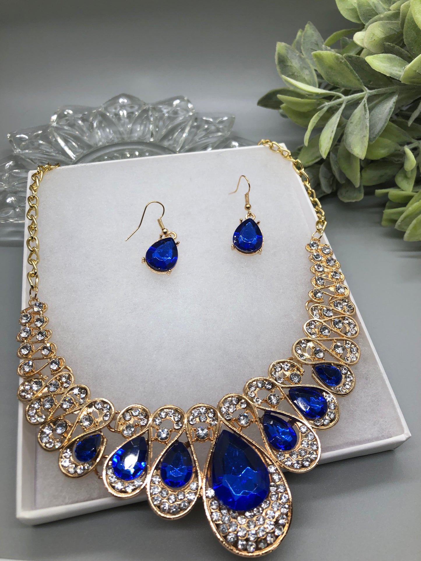 Navy Blue Crystal Rhinestone Bridal Necklace Earrings Sets Wedding Formal Shower Party Event Accessories #013