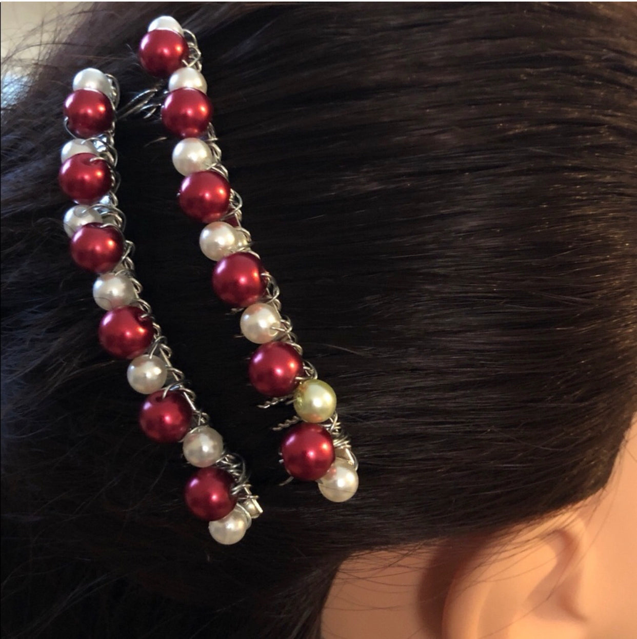 Ruby Red White Pearl Beaded Hair Comb Retro wedding Party Prom 2 Piece Set