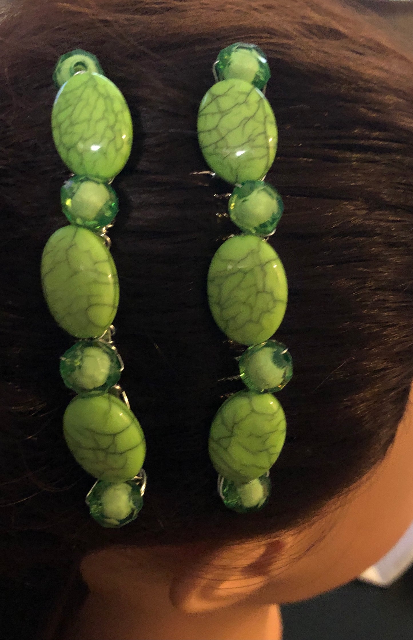 Lime Green Beaded Faux Marble Green Stone Hair Comb 2pc Set Retro Bridal Wedding Party