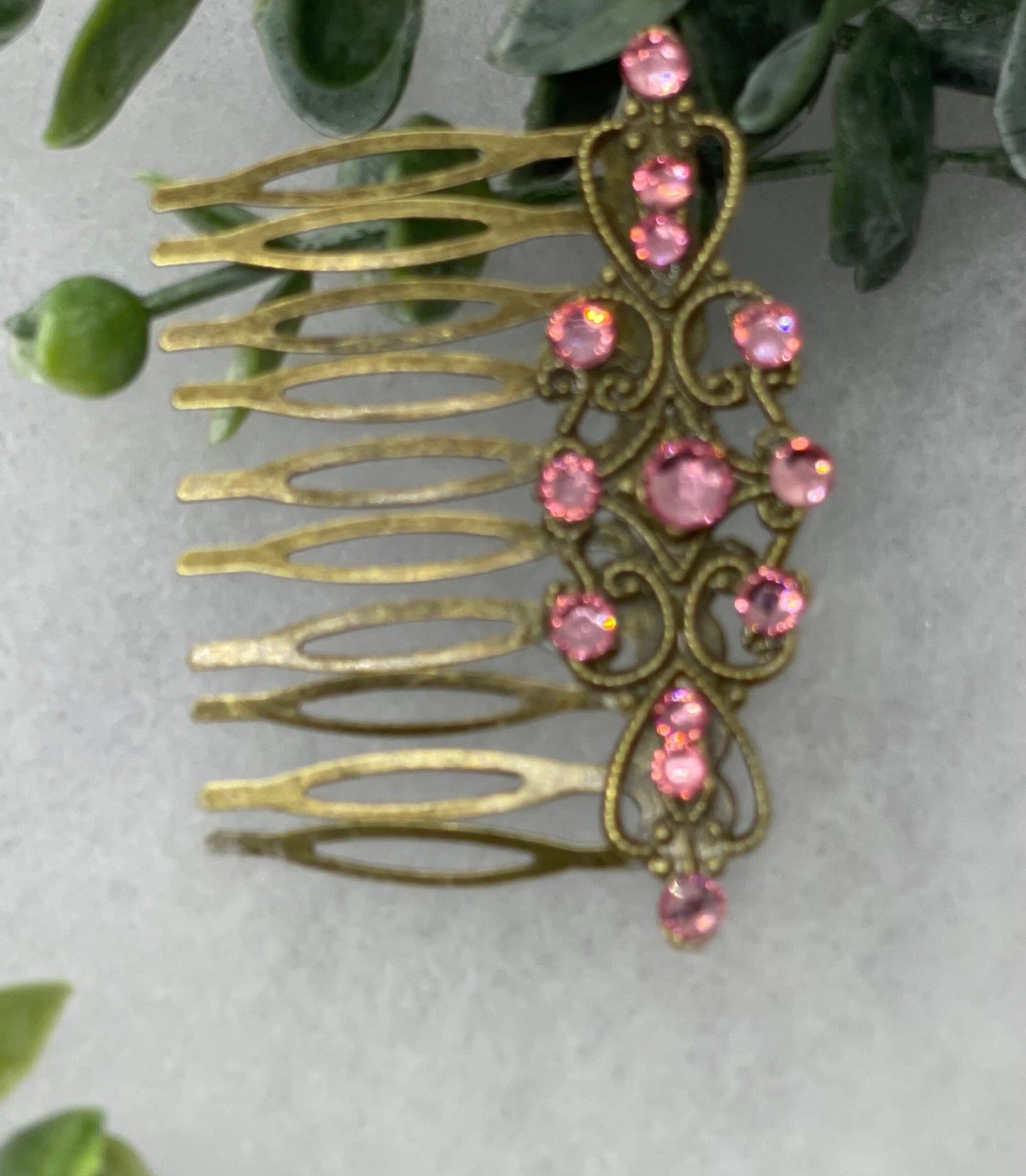 Pink crystal rhinestone vintage style antique tone side comb hair accessory accessories gift birthday event formal bridesmaid 2.5” Metal side Comb
