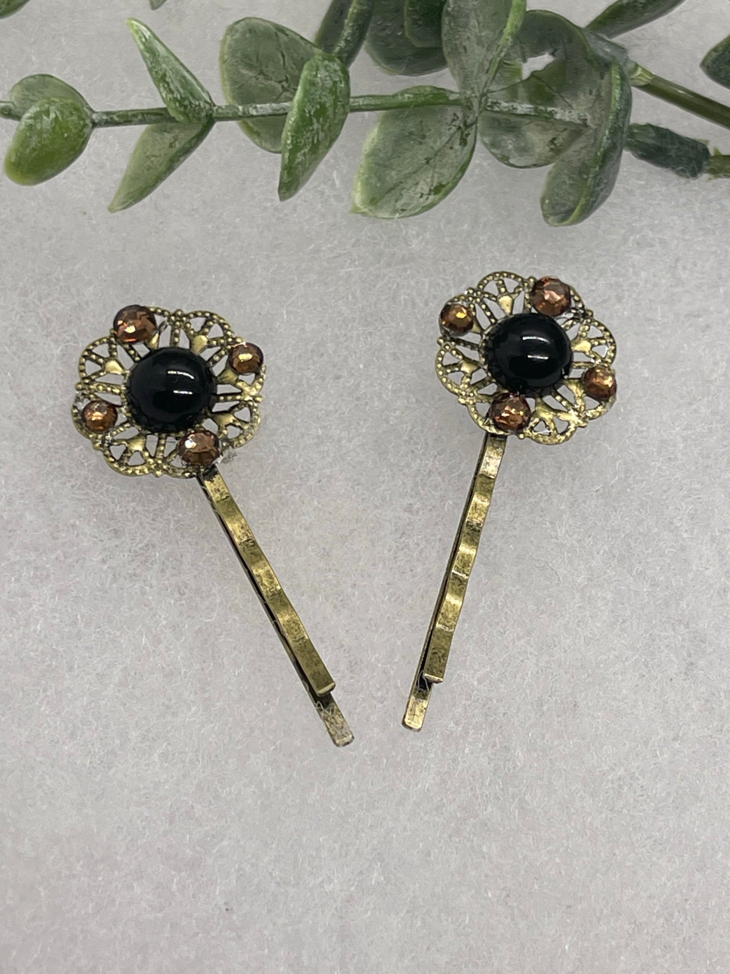 Black brown faux pearl 2 pc set Antique vintage Style approximately 3.0” flower hair pin wedding engageme