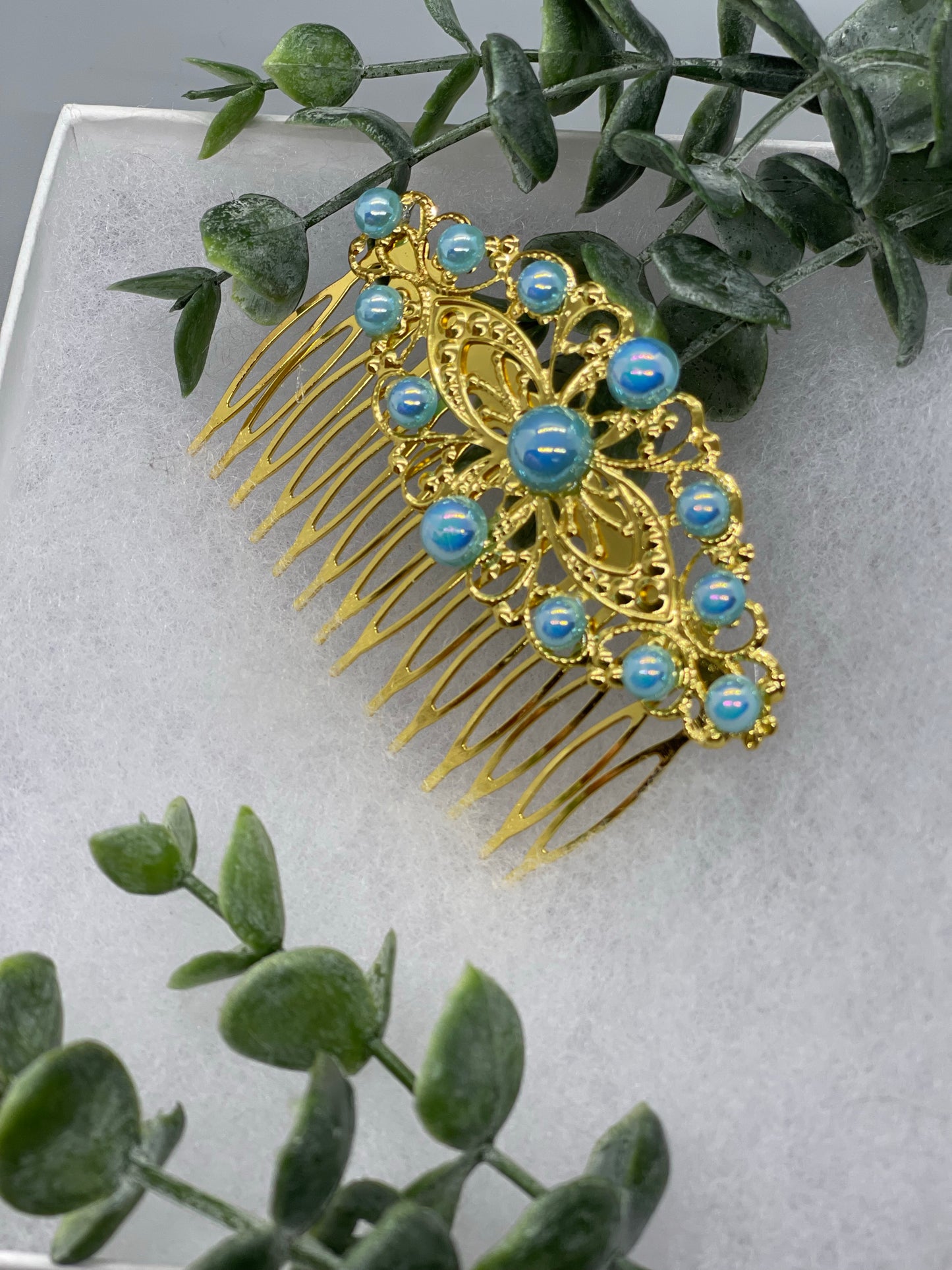 Baby Blue faux pearl vintage style tone side comb hair accessory accessories gift birthday event formal bridesmaid wedding Gold 3.5” side comb