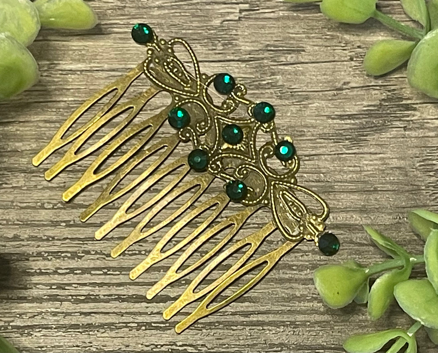 Emerald green Vintage Style Crystal Rhinestone 2.5” antique tone Metal side Comb bridal accessories handmade by hairdazzzel wedding accessory