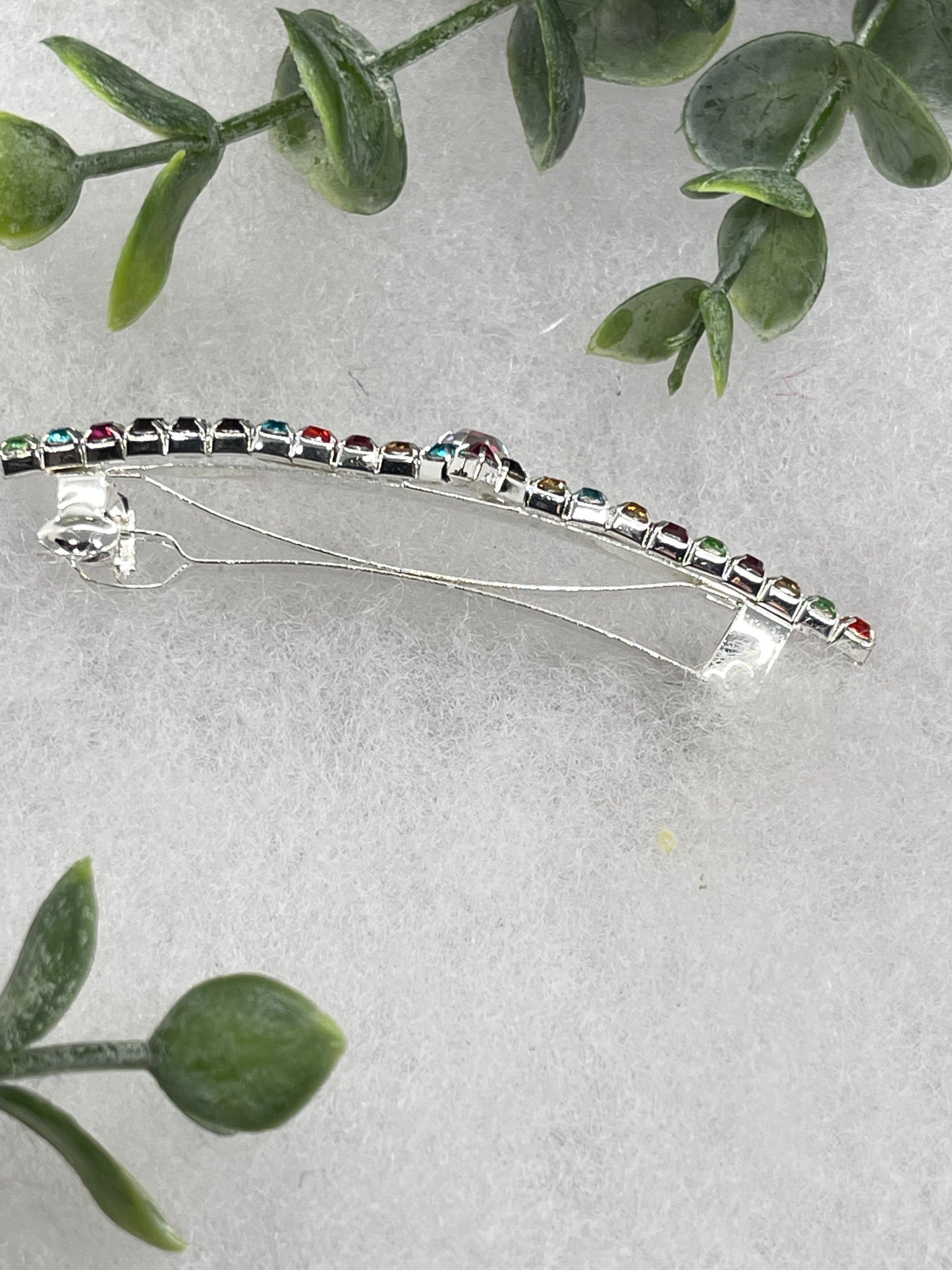 Rainbow Crystal Rhinestone barrette approximately 3.0” silver tone formal hair accessory gift wedding bridal Hair accessory