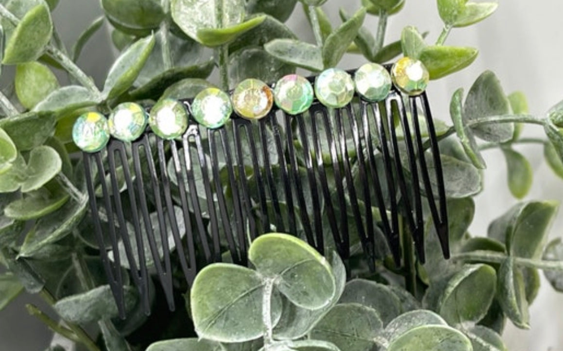 Light Green faux Rhinestone hair comb accessory side Comb 3.5” black plastic side Comb