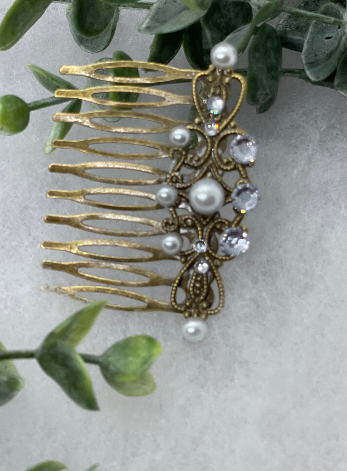 White crystal rhinestone pearl vintage style antique hair accessories gift birthday event formal bridesmaid 2.5” Metal side Comb #251