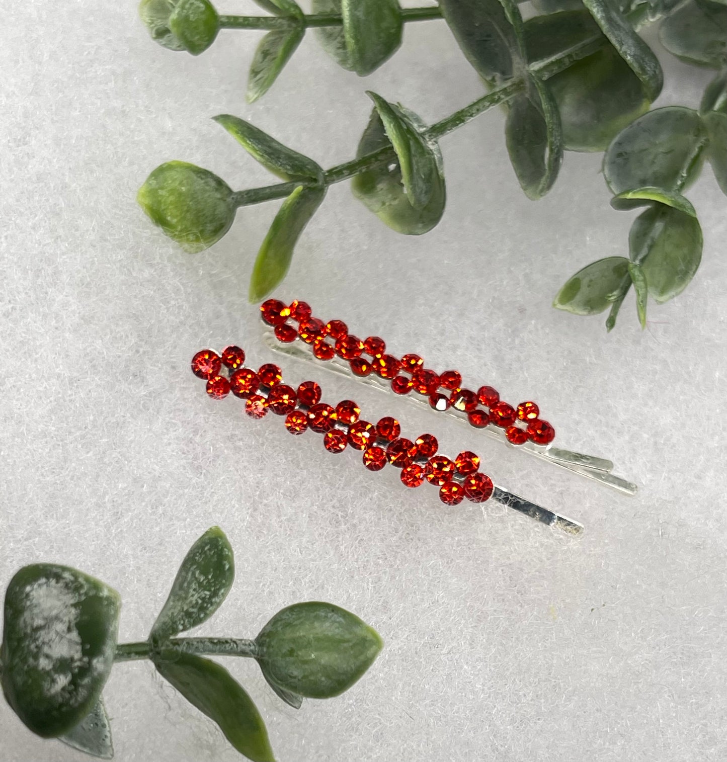 Red Crystal Rhinestone Bobby pin hair pins set approximately 2.5” silver tone formal hair accessory gift
