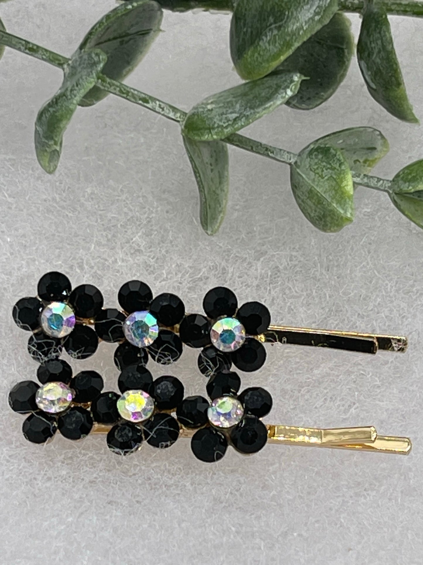 Black crystal rhinestone flowers approximately 2.0” gold tone hair pins 2 pc set wedding bridal