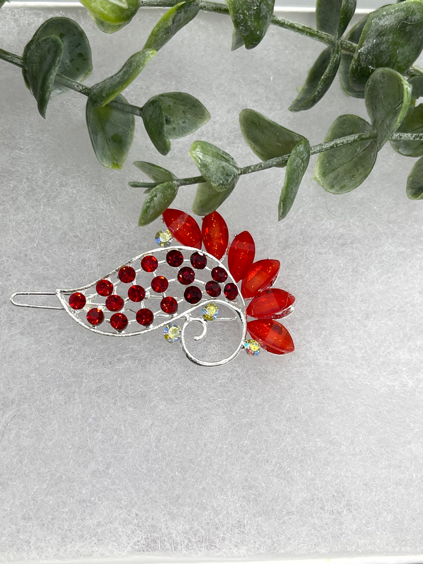 Red Crystal Rhinestone peacock hair clip approximately 3.0”Metal silver tone formal hair accessory gift wedding bridal engagement