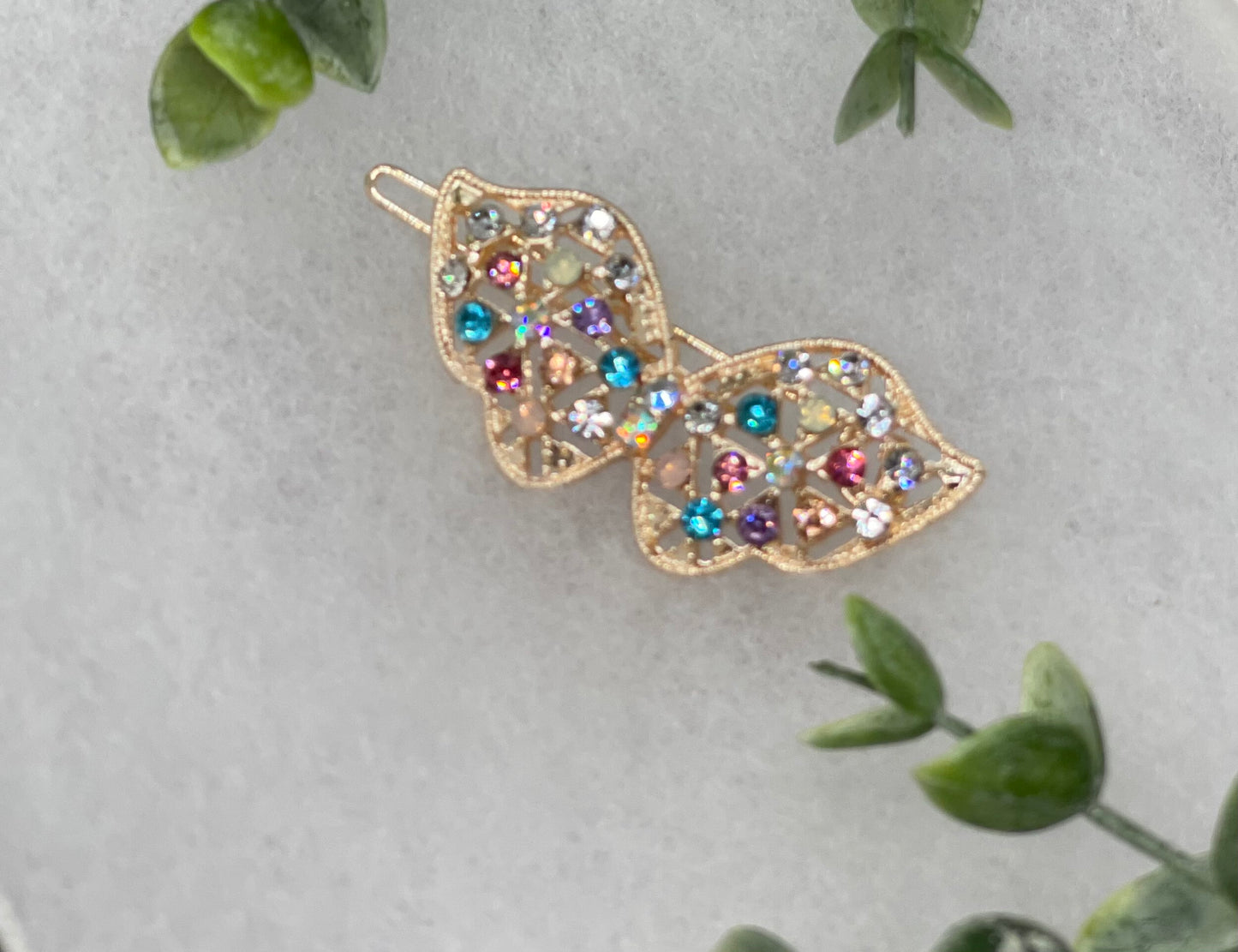 Rainbow butterfly crystal rhinestone approximately 2.0” barrette Gold vintage style bridal Wedding shower sweet 16