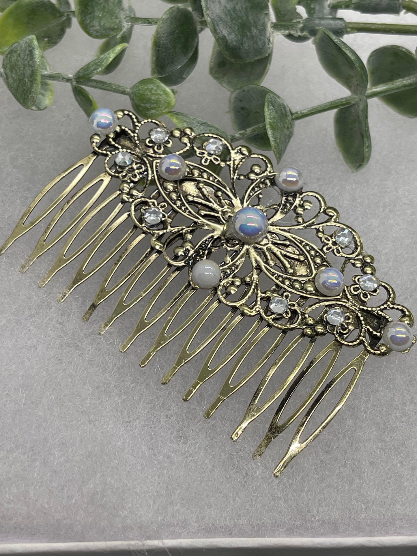White iridescent crystal Pearl vintage style silver tone side comb hair accessory accessories gift birthday