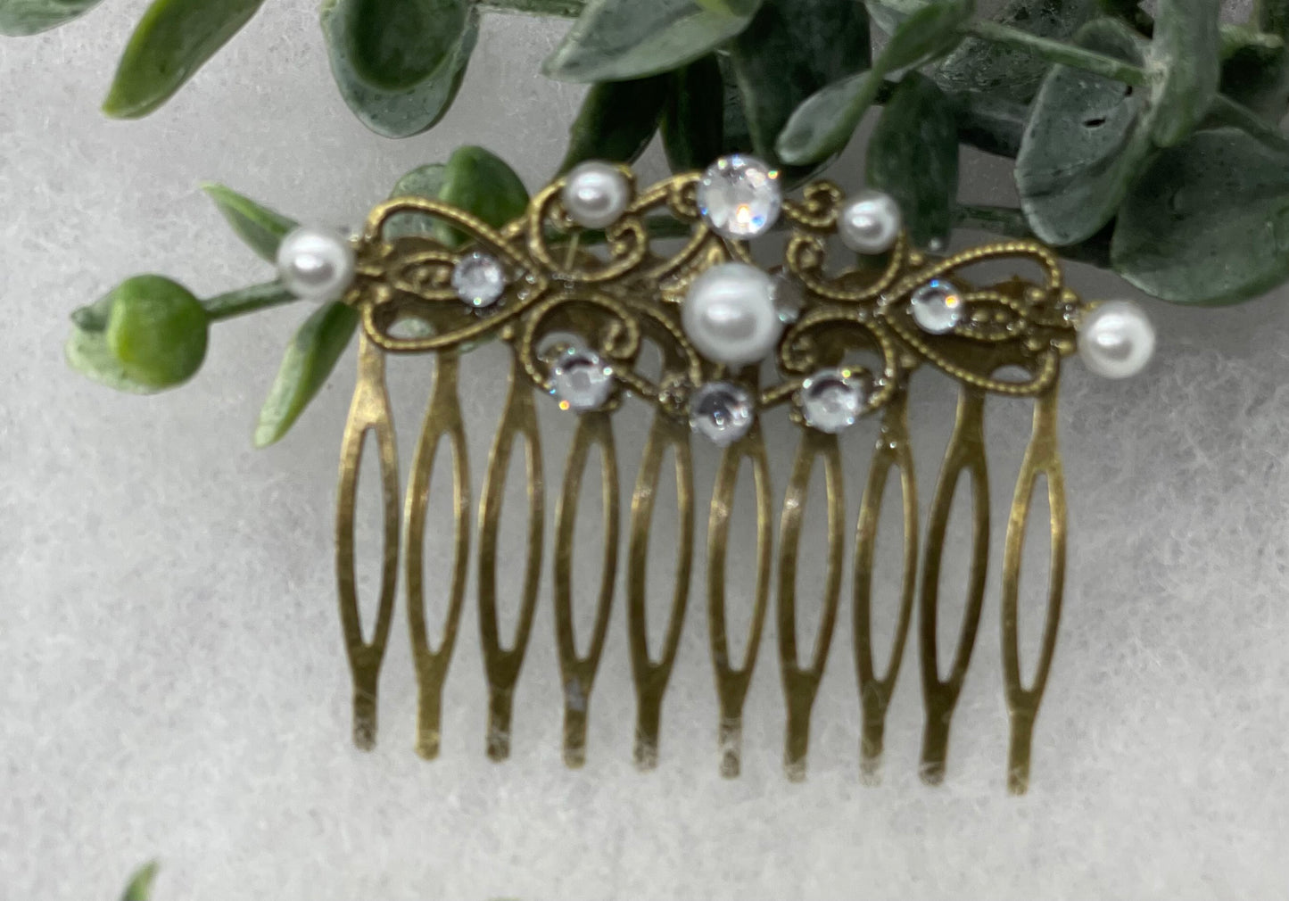 White crystal rhinestone pearl vintage style antique hair accessories gift birthday event formal bridesmaid 2.5” Metal side Comb #252