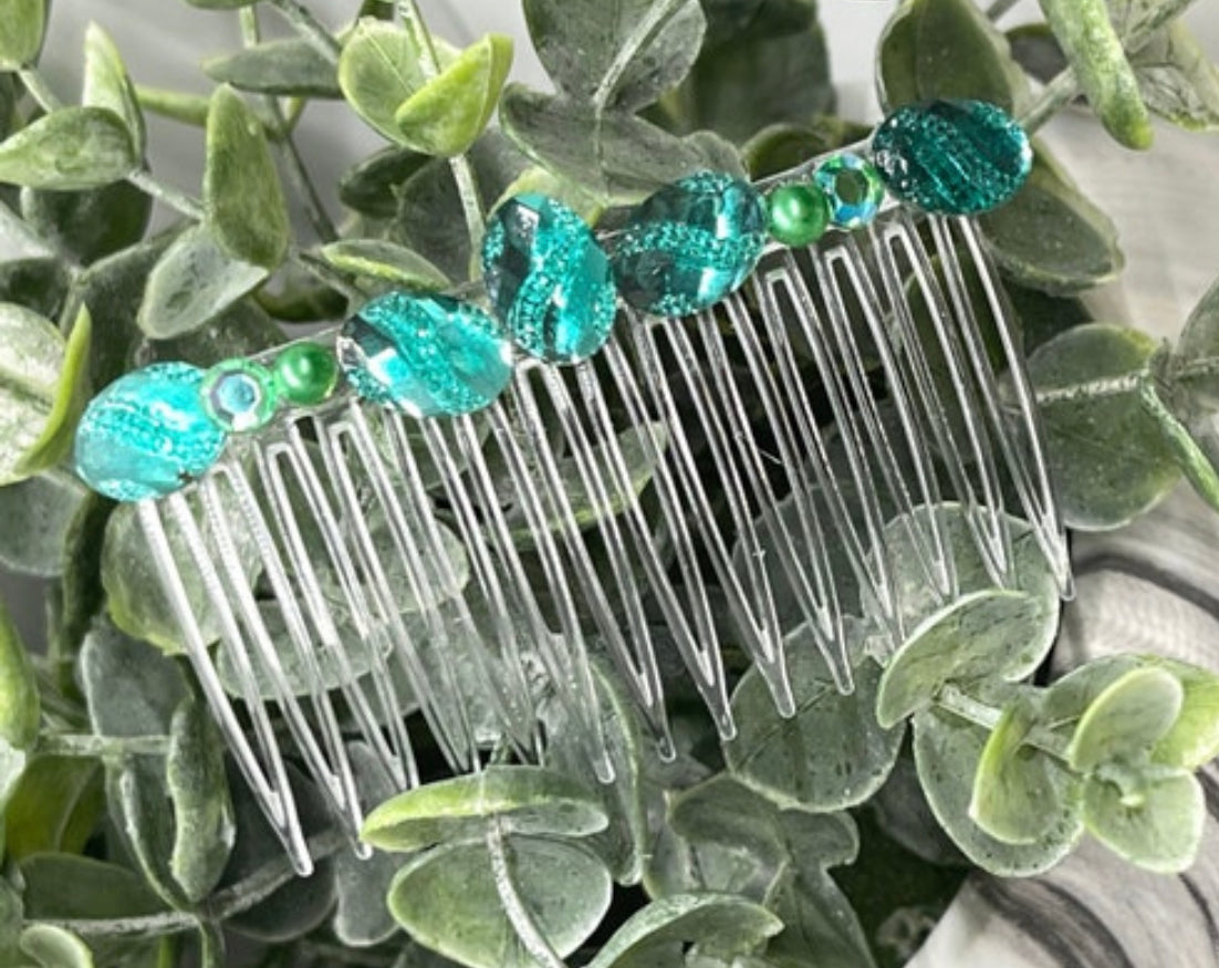 Green faux Rhinestone hair comb accessory side Comb 3.5” clear plastic side Comb