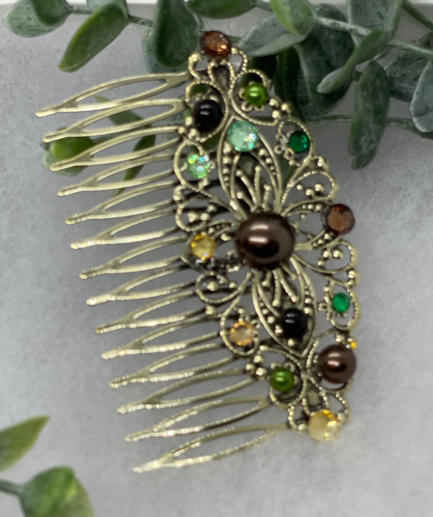 Camouflage crystal rhinestone pearl vintage style antique hair accessories gift birthday event formal bridesmaid 3.5” Metal side Comb ##925