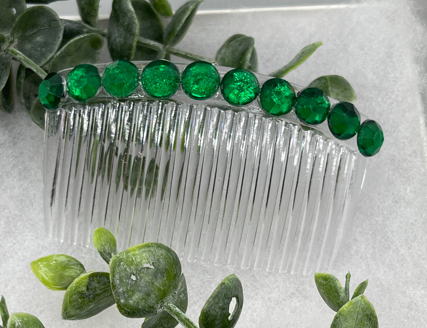 Green emerald faux crystal rhinestone side comb 3.5” clear plastic hair accessory bridal wedding Retro Bridal Party Prom Birthday gifts