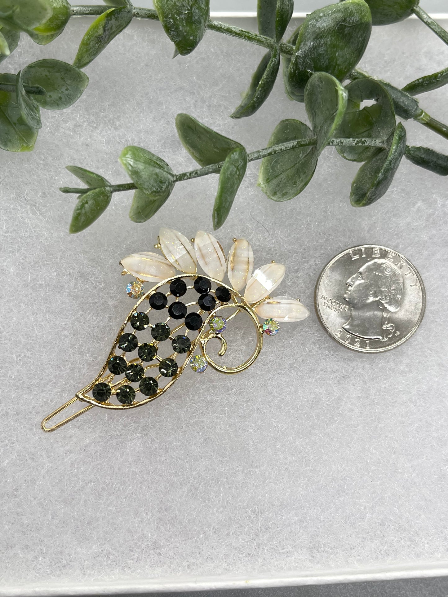 White with black Crystal Rhinestone peacock hair clip approximately 3.0”Metal gold tone formal hair accessory gift wedding bridal engagement