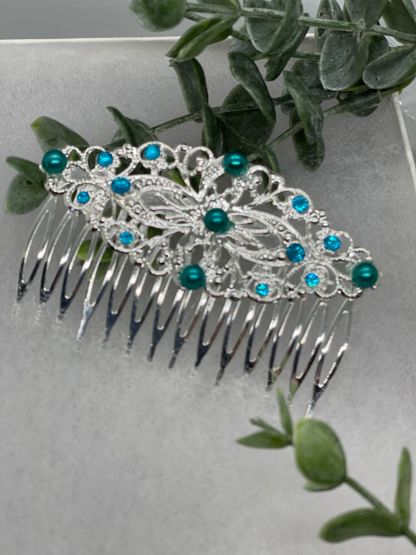 Green Teal crystal rhinestone pearls vintage style gold side comb hair accessory accessories gift birthday 3.5” Metal side Comb