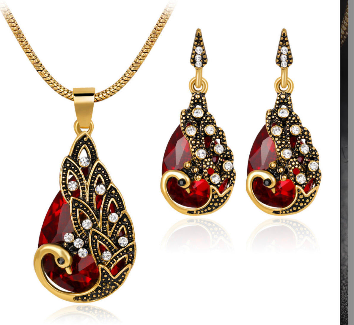 Ruby Red peacock crystal rhinestone necklace earrings set