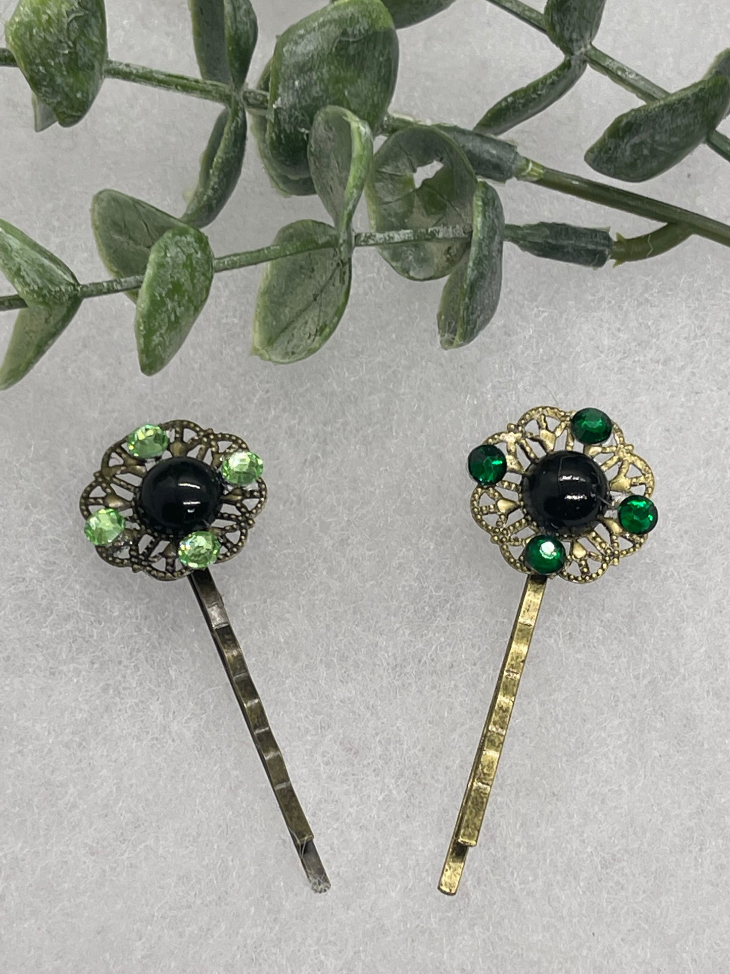 Green crystal black faux pearl Antique vintage Style approximately 2.5” flower hair pin wedding engagem