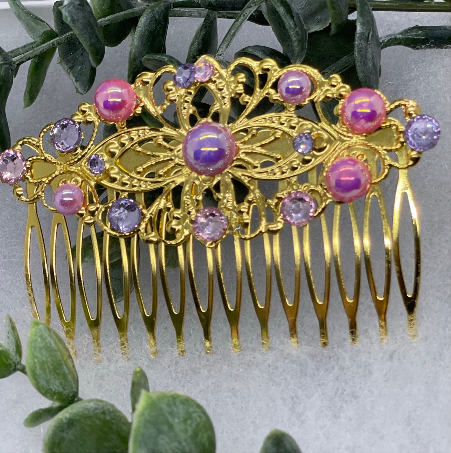 lavender pink crystal pearls vintage style Gold tone side comb hair accessory accessories gift birthday event formal