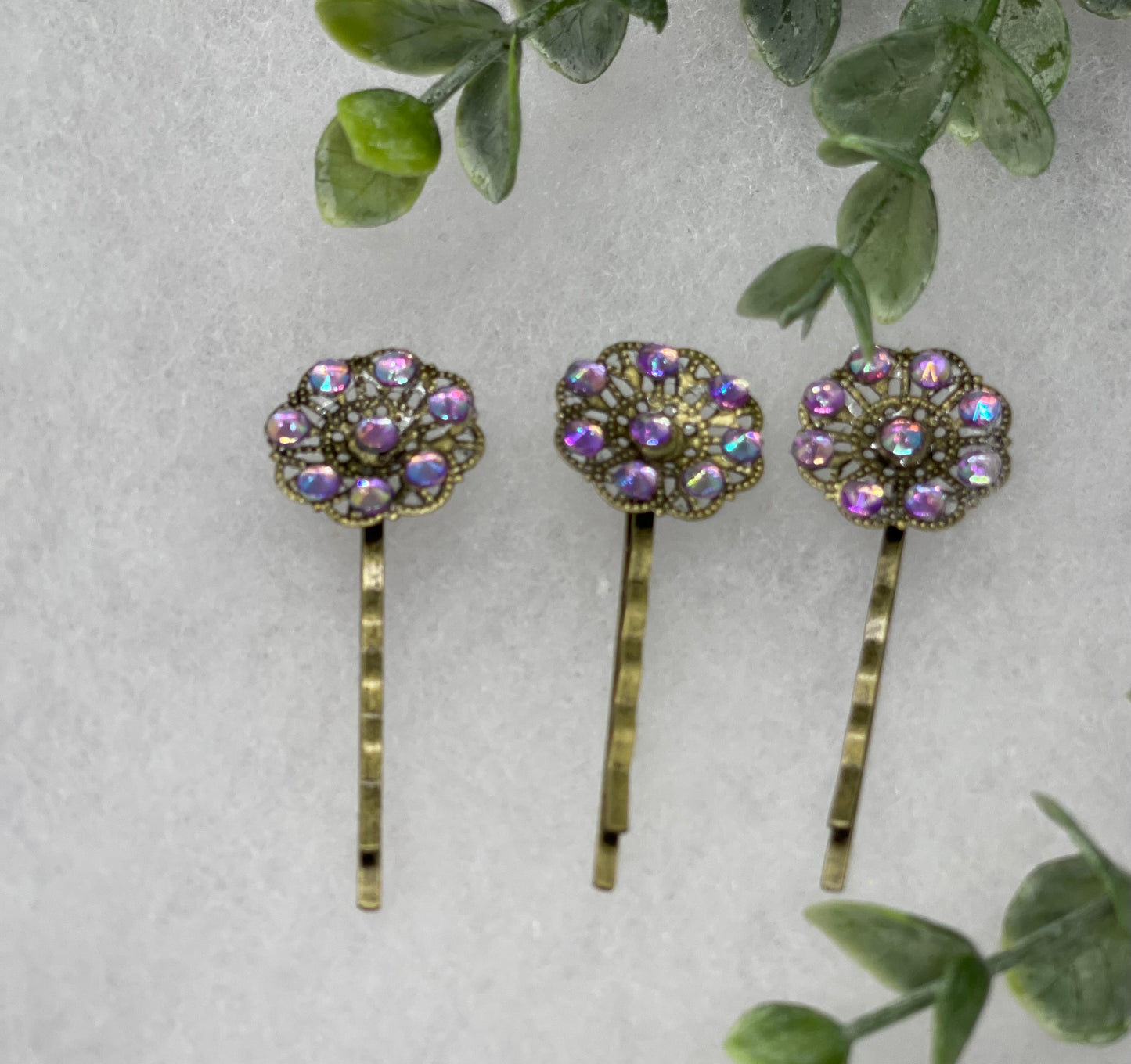 Purple rainbow crystal 3 pc set Antique vintage Style approximately 3.0” flower hair pin wedding engagement bride princess formal hair accessories