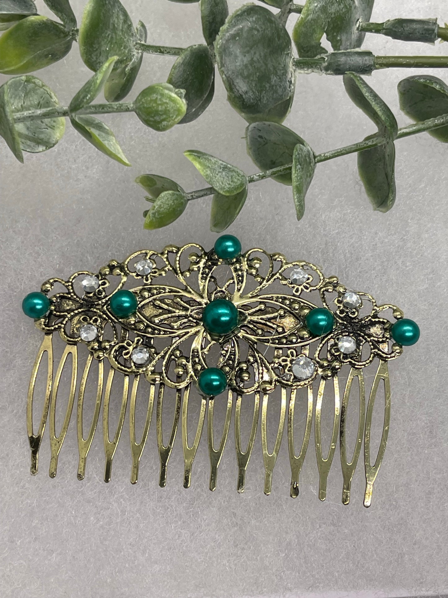 Green emerald crystal Pearl vintage style silver tone side comb hair accessory accessories gift birthday