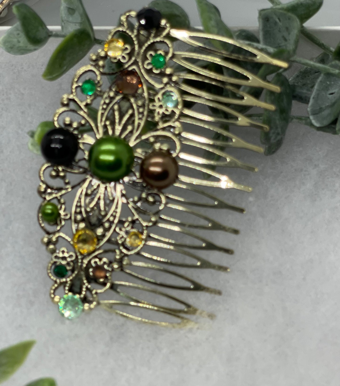 Camouflage crystal rhinestone pearl vintage style antique hair accessories gift birthday event formal bridesmaid 3.5” Metal side Comb ##650