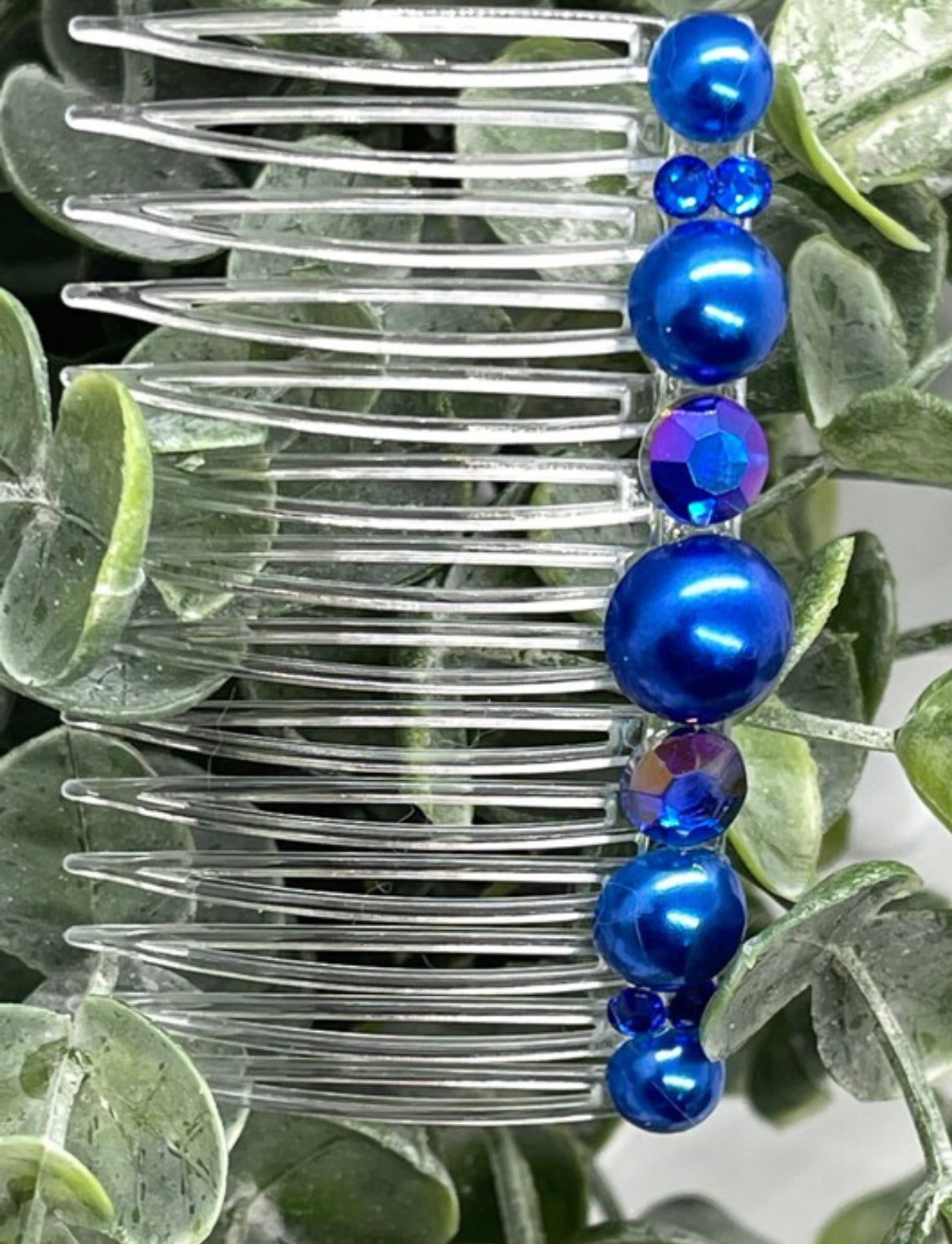 Royal blue faux Pearl crystal side comb approximately 3.5” long plastic hair accessory bridal wedding Retro