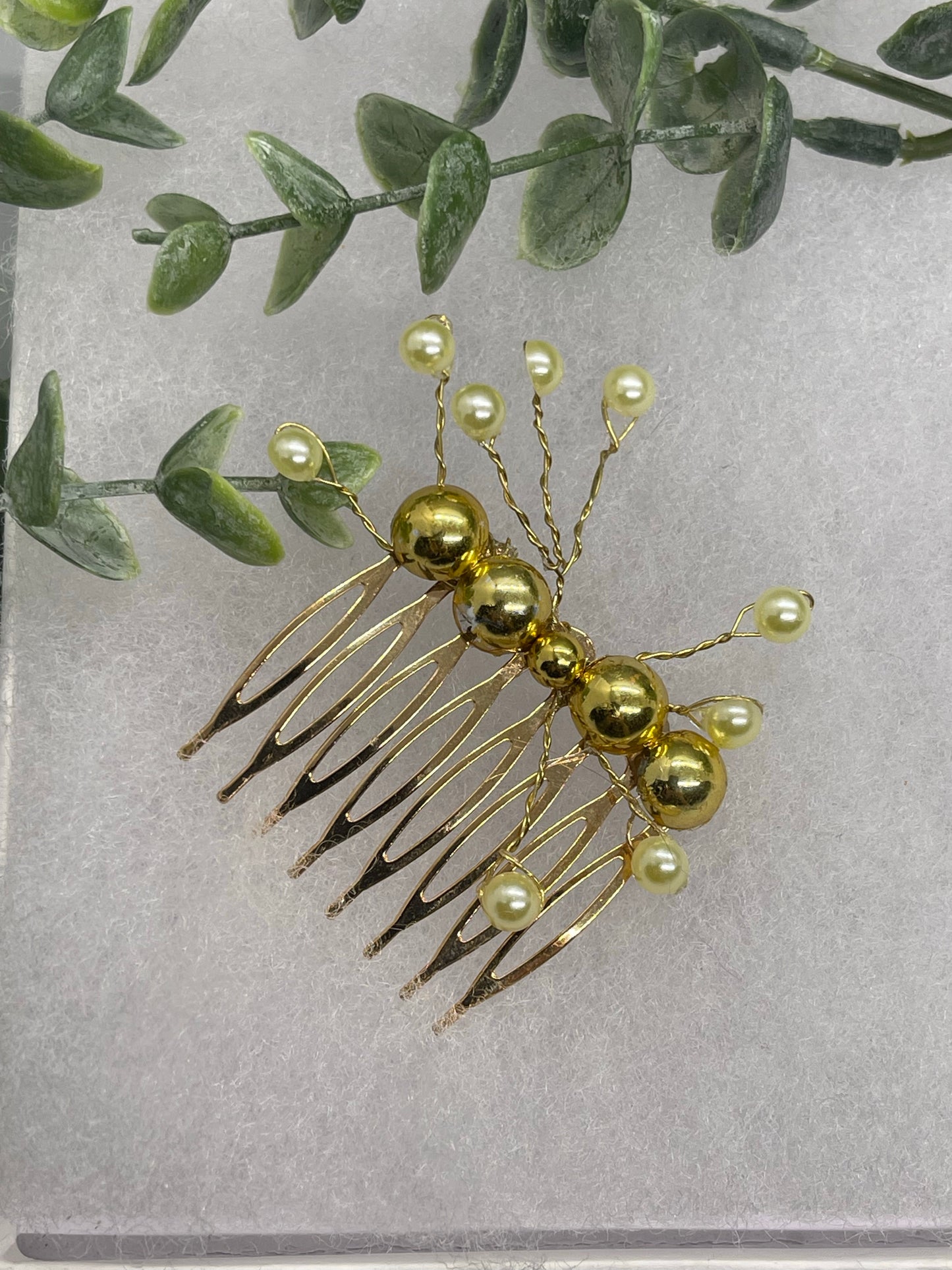 Yellow Gold faux Pearl 2.0” gold tone bridal side Comb accents vine handmade by hairdazzzel wedding accessory