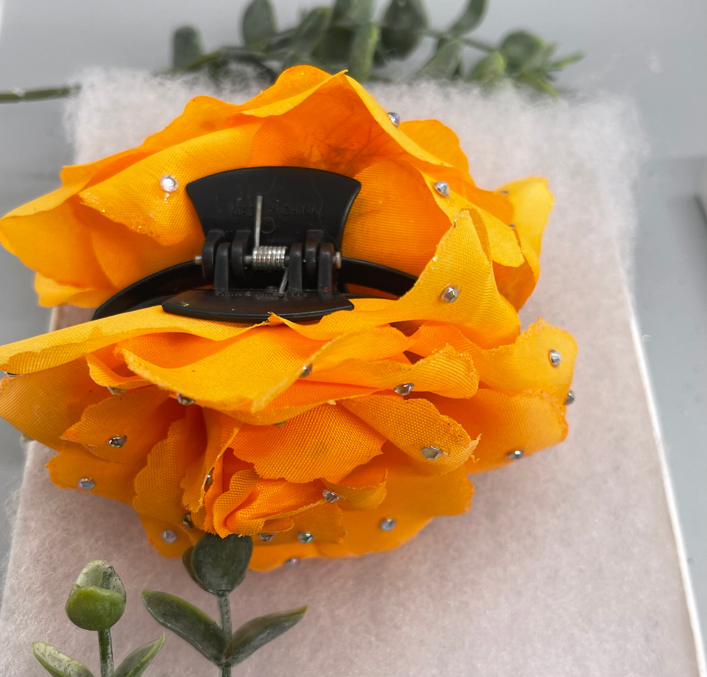 Orange Rose flower crystal rhinestone embellished Claw Jaw clip approximately Large 5.0”W 4.0”L formal hair accessory wedding bridal engagement