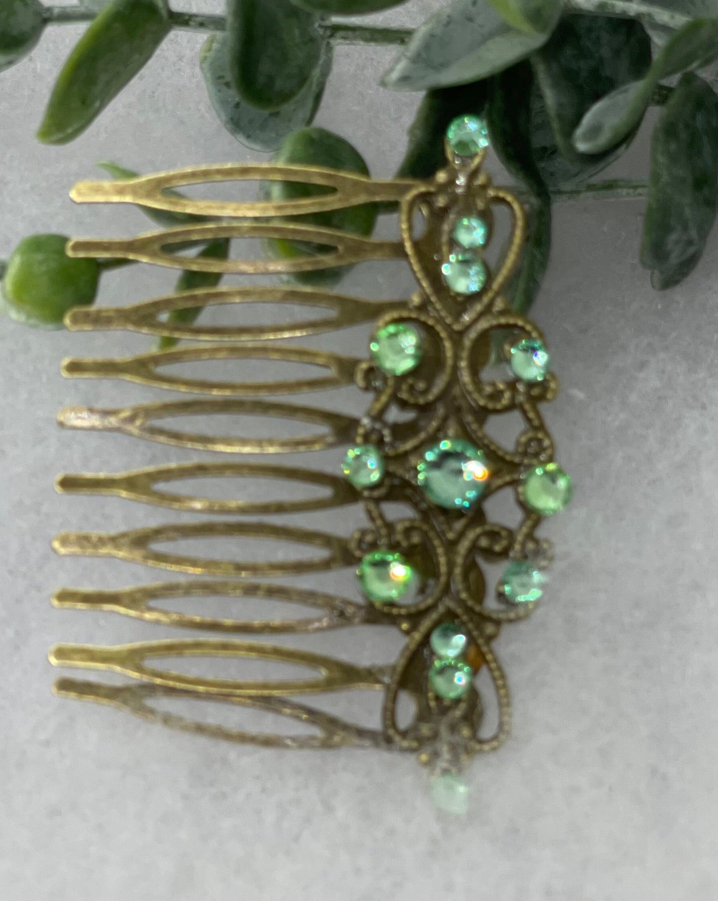 Green crystal rhinestone vintage style antique tone side comb hair accessory accessories gift birthday event formal bridesmaid 2.5” Metal side Comb