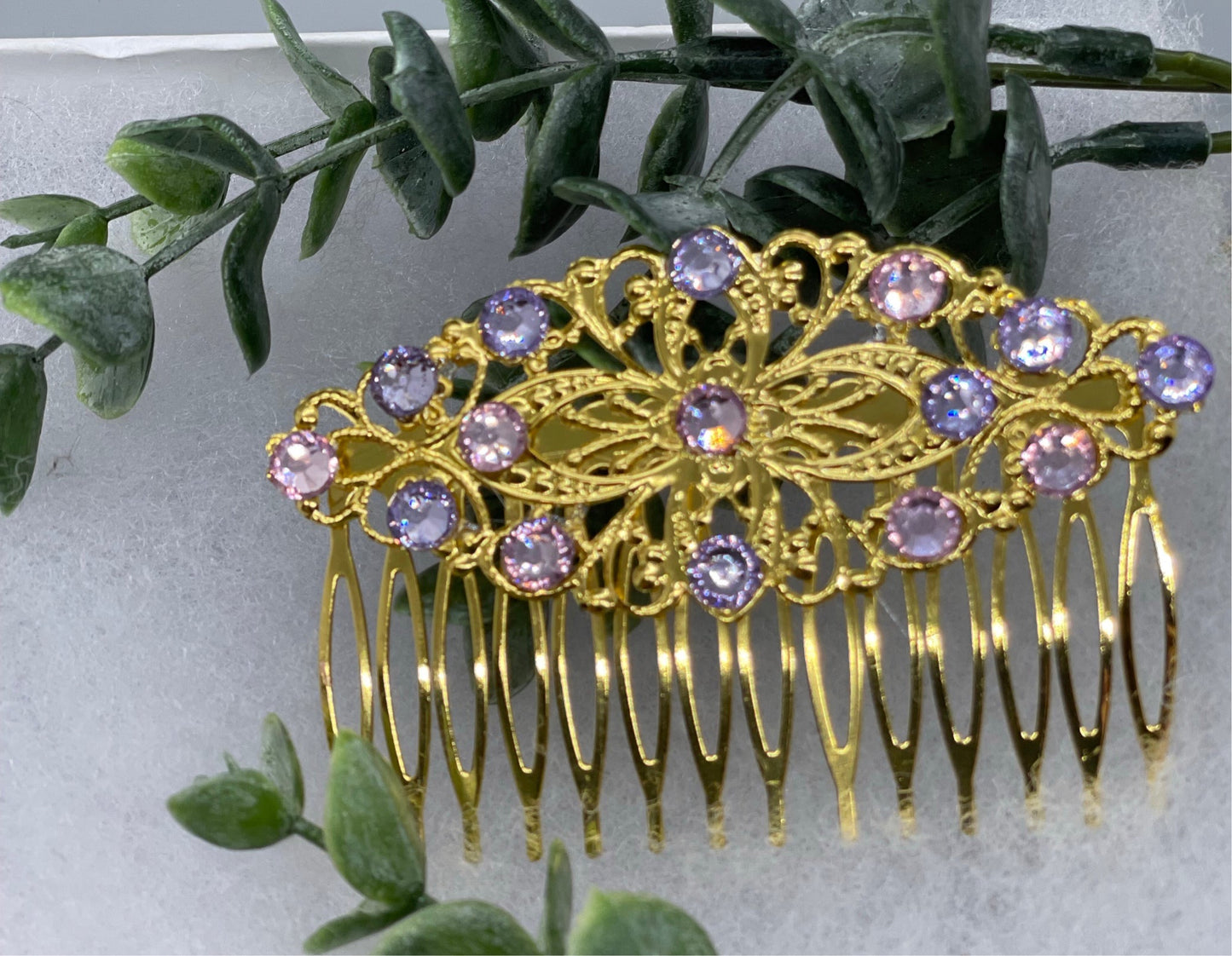 lavender pink crystal vintage style Gold tone side comb hair accessory accessories gift birthday event formal bridesmaid wedding 3.5” Metal side Comb