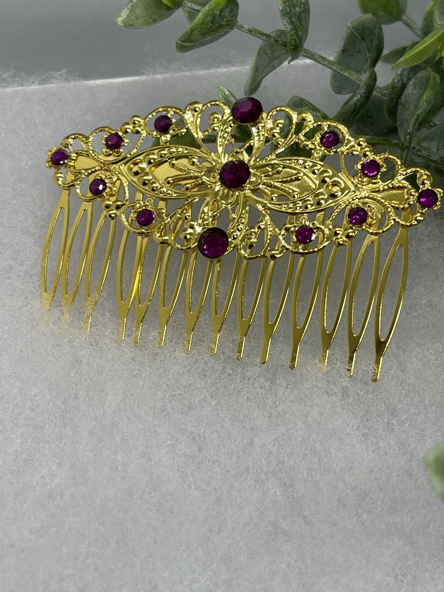 Purple crystal vintage style silver tone side comb hair accessory accessories gift birthday event formal bridesmaid wedding 3.5” gold tone side comb