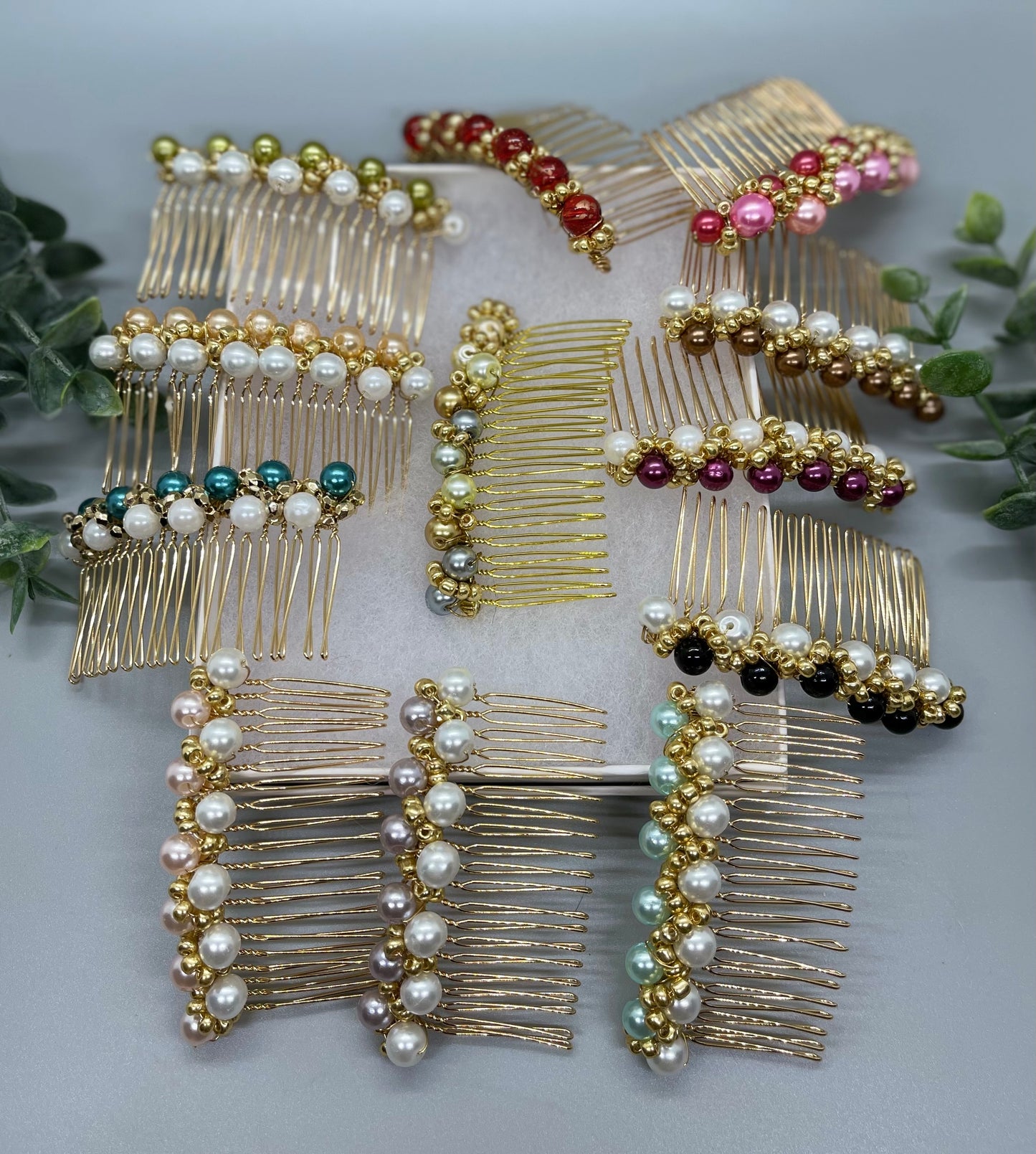 Olive green gold beaded side Comb 3.5” gold Metal hair Accessories bridesmaid birthday princess wedding gift handmade accessories