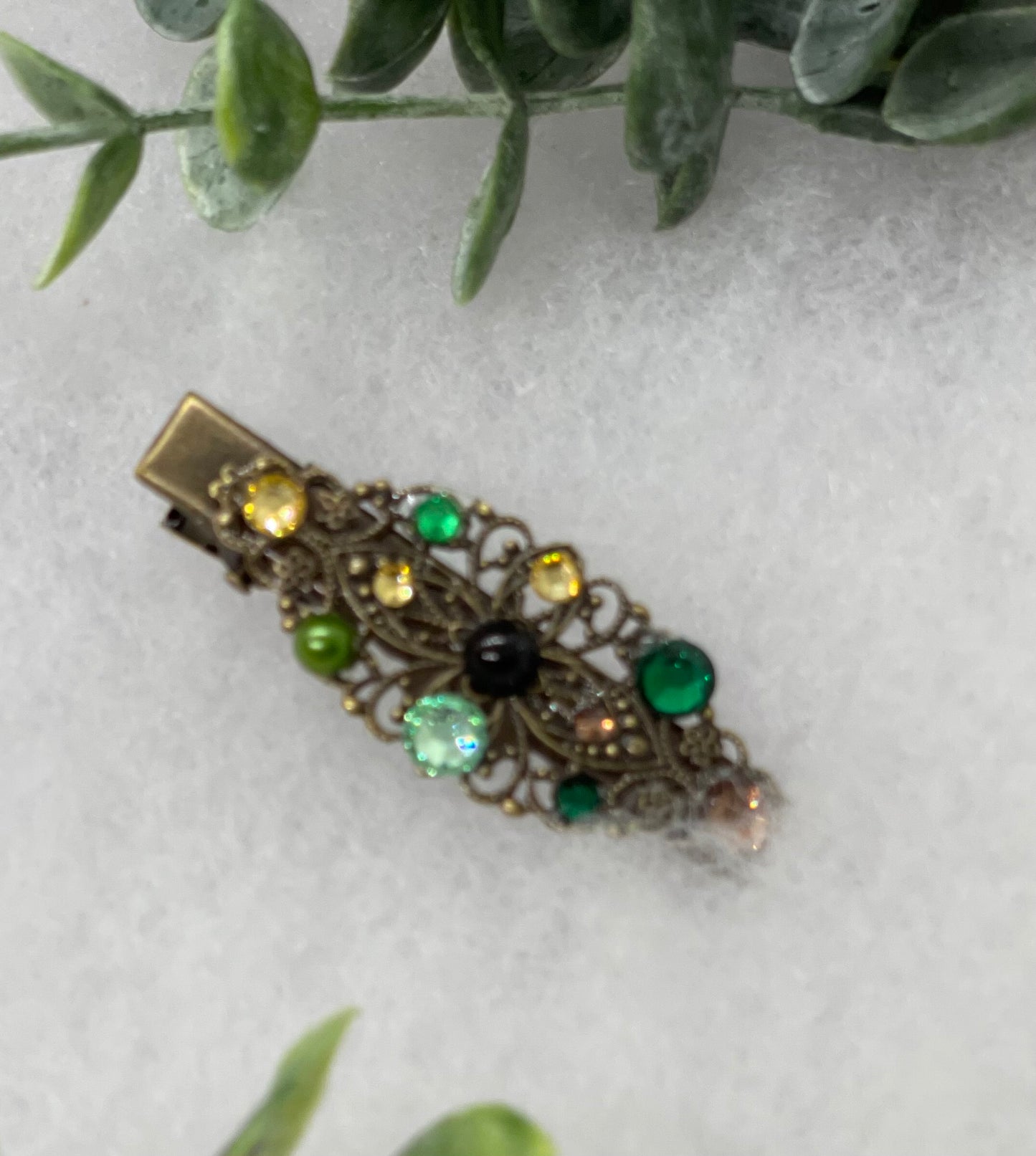 Camouflage Pearl Crystal vintage antique style leaf hair alligator clip approximately 2.5” long Handmade hair accessory bridal wedding #642