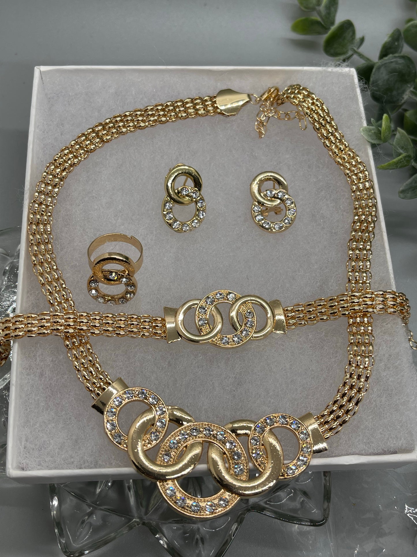 Gold Crystal rhinestone gold 5pc neck earrings ring bracelet set