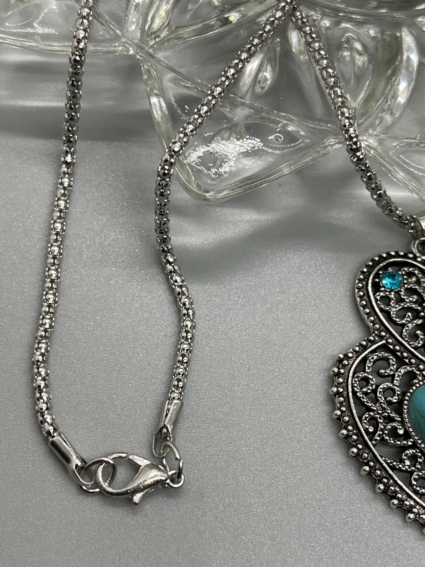 Antique vintage Turquoise hearts silver necklace earrings set