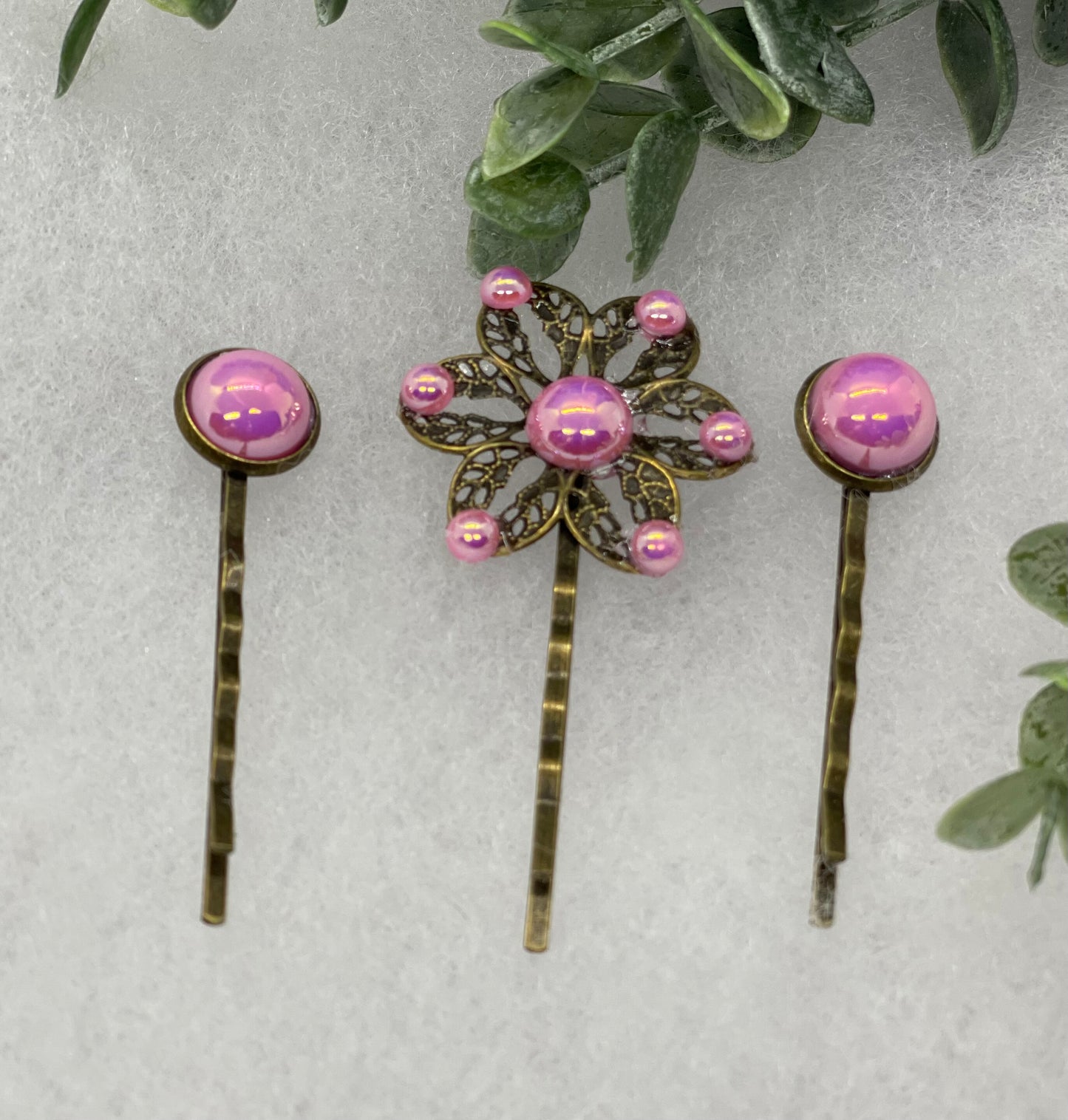 Pink faux pearl 3 pc set Antique vintage Style approximately 3.0” flower hair pin wedding engagement bride princess formal hair accessory