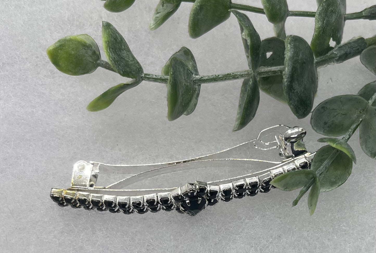 Black Clear Crystal Rhinestone Barrette approximately 3.0”Metal silver tone formal hair accessory gift wedding bridal shower accessories