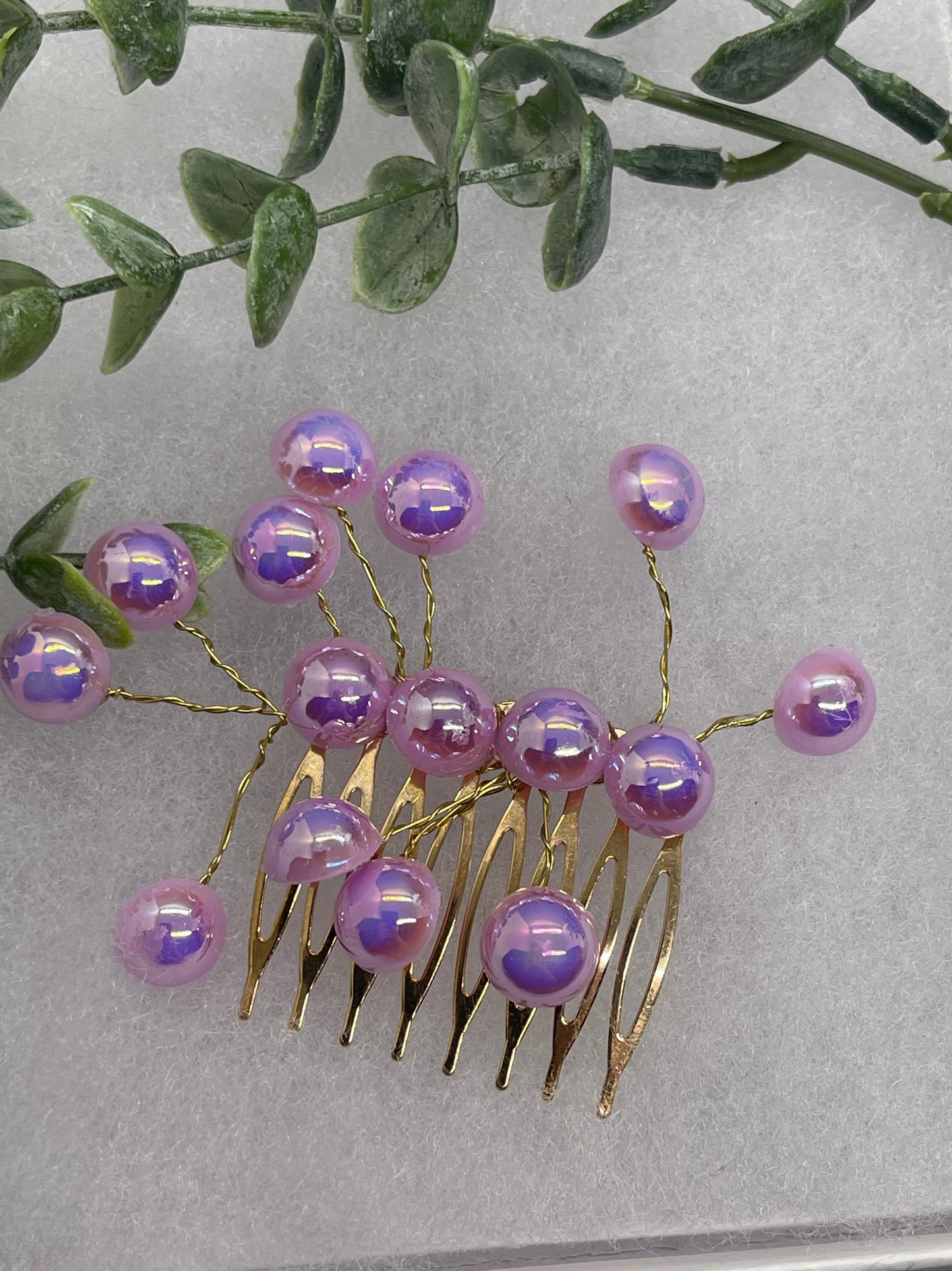 Lavender faux Pearl 2.0” gold tone bridal side Comb accents vine handmade by hairdazzzel wedding accessory bride princess gifts