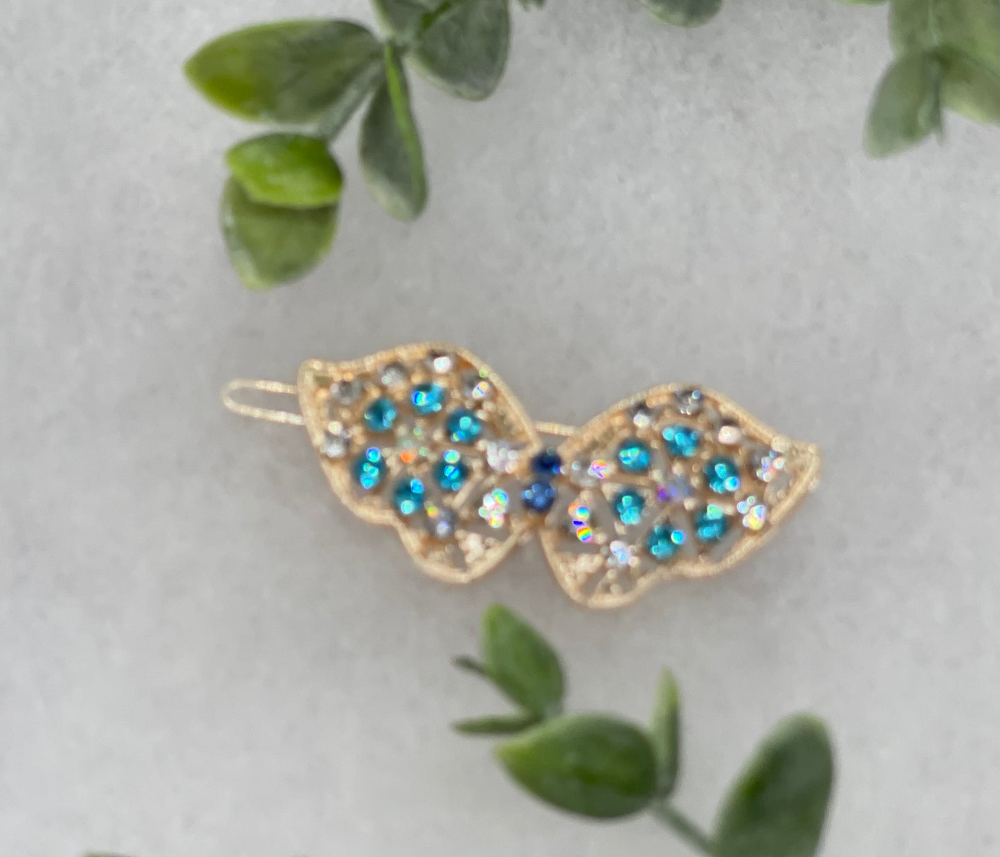 Teal butterfly crystal rhinestone approximately 2.0” barrette Gold vintage style bridal Wedding shower sweet 16
