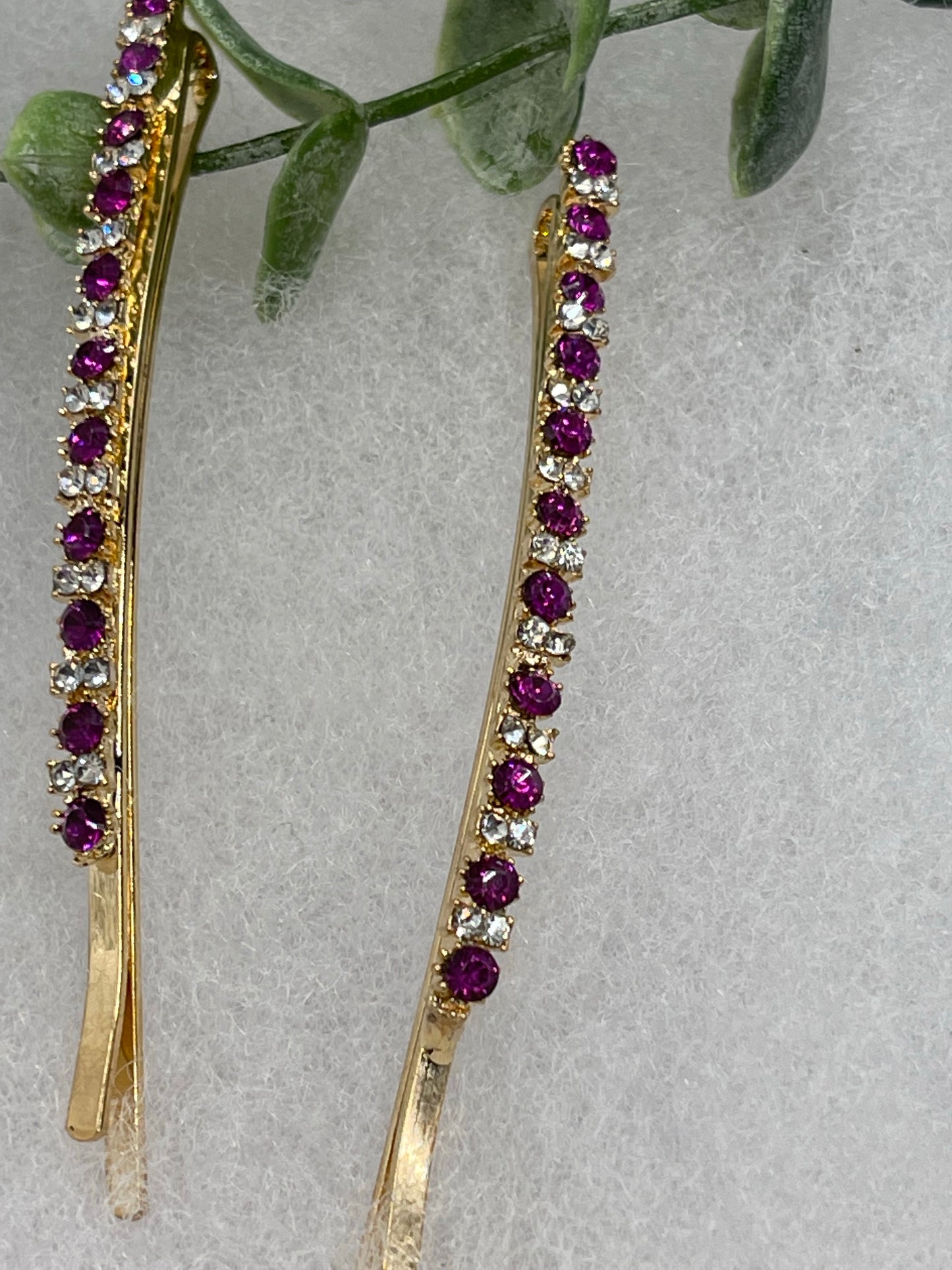 Purple crystal rhinestone approximately 3.5” large gold tone hair pins 2 pc set wedding bridal shower engagement formal princess accessory accessories