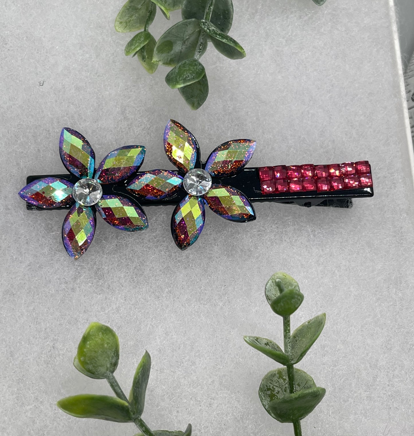 Iridescent red Crystal flower hair clip approximately 4.0” black tone formal hair accessory gift wedding bridal engagement