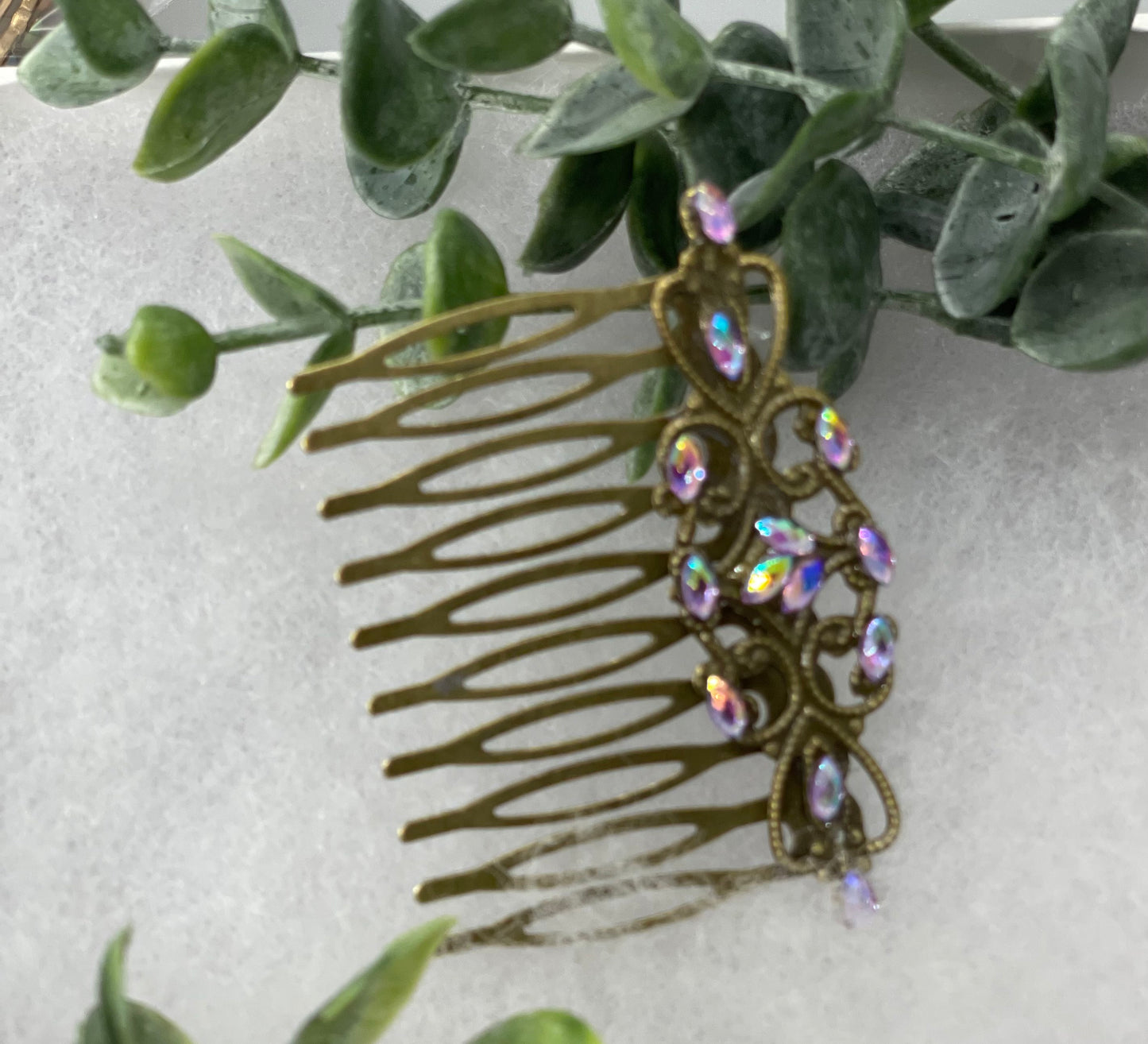 Lavender iridescent gel crystal vintage style antique hair accessories gift birthday event formal bridesmaid 2.5” Metal side Comb #255